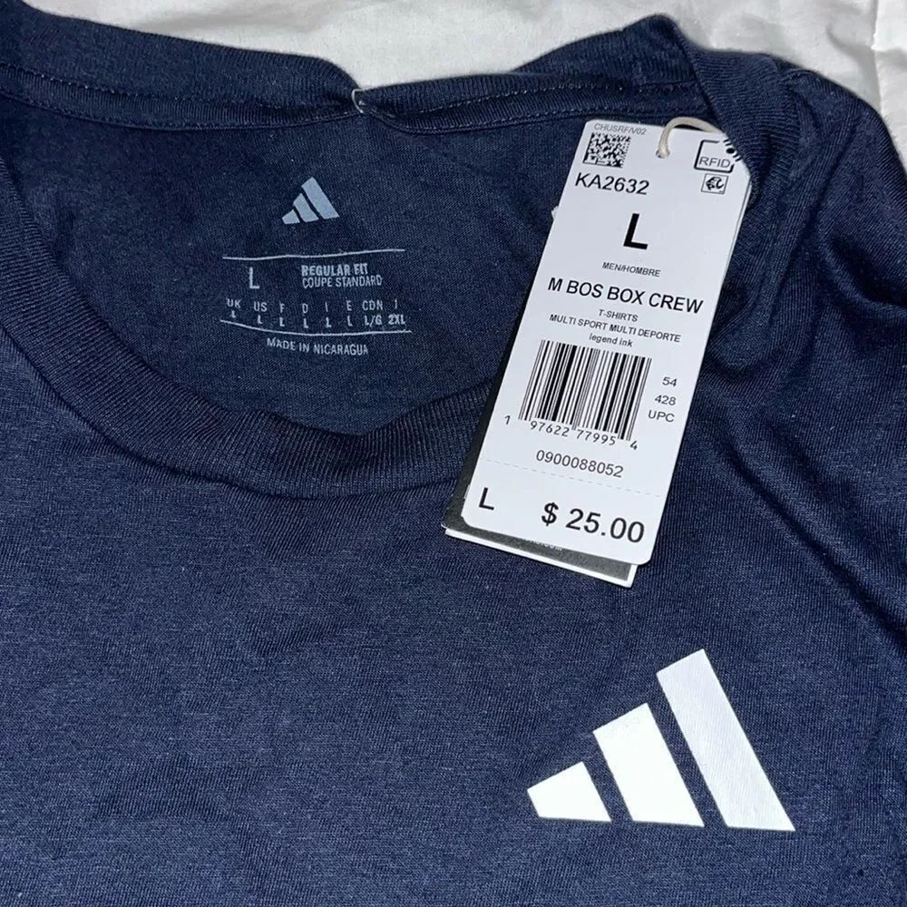 New Blue Adidas Big Logo Box Print Cotton Short Sleeve T-Shirt Sz L NWT